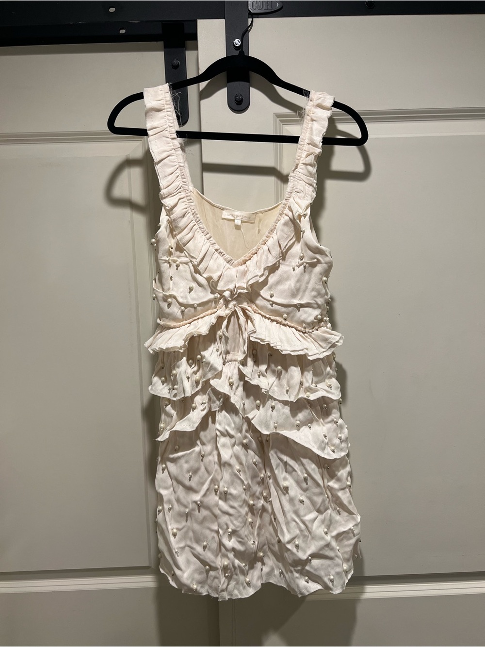 LoveShackFancy Ivory Pearl-Embellished Ruffle Mini Dress
